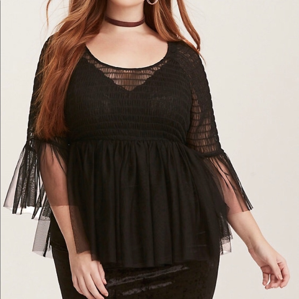 Torrid black sheer mesh layered ruffle blouse top